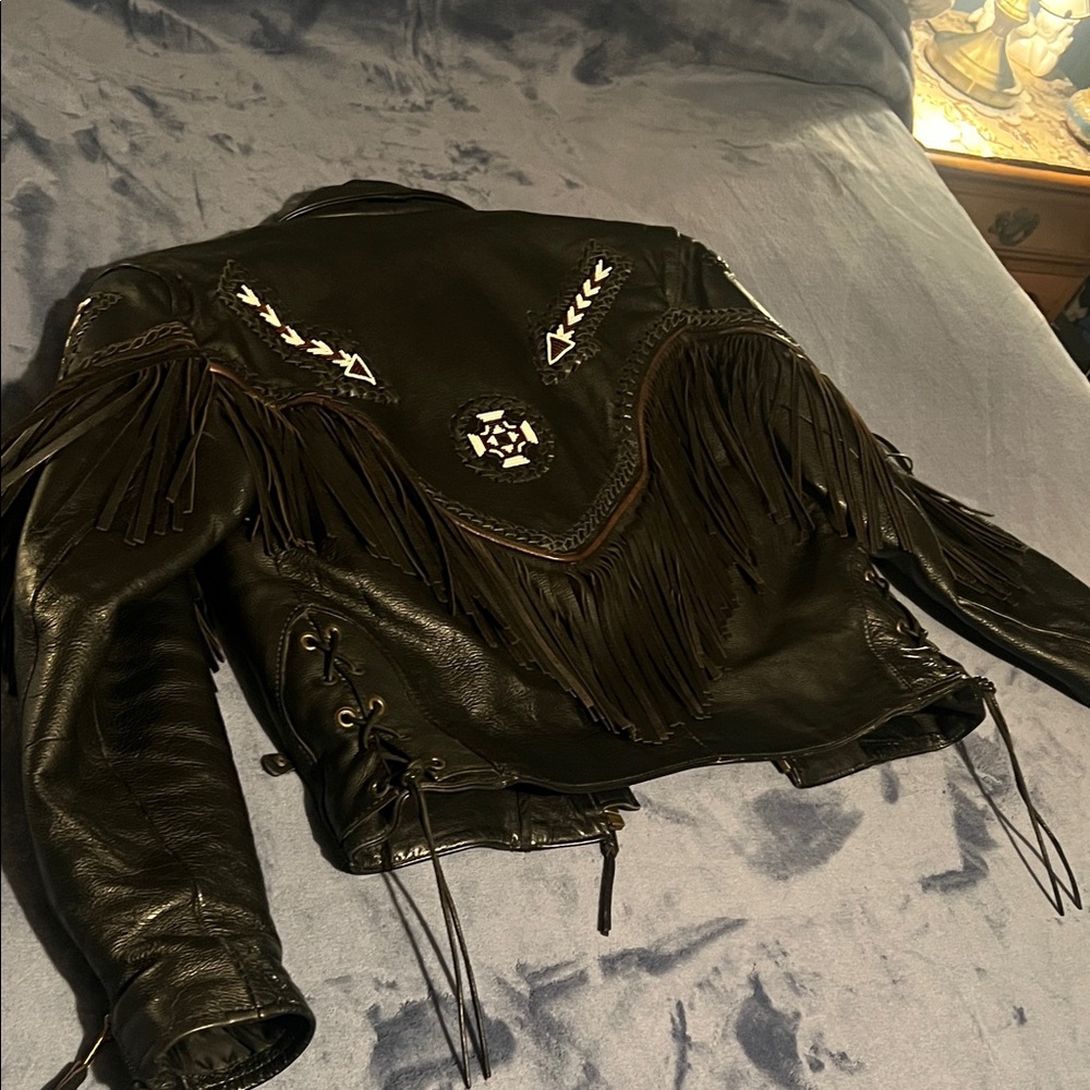 Vintage Unik Black Leather Jacket with Fringe, Beads & Braiding - Picture 2 of 16